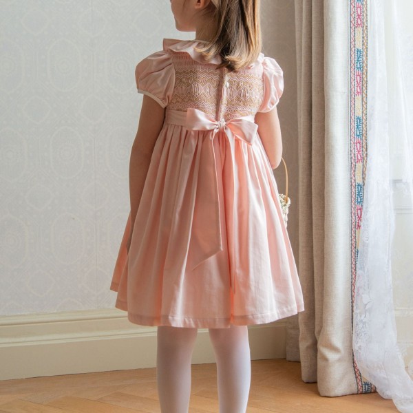 Margaret Special Occasion Dress Seashell Cotton Sateen with Gold & Pearl Hand Smocking