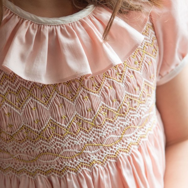 Margaret Special Occasion Dress Seashell Cotton Sateen with Gold & Pearl Hand Smocking