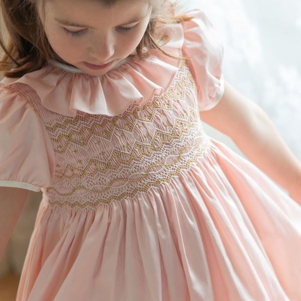 Margaret Special Occasion Dress Seashell Cotton Sateen with Gold & Pearl Hand Smocking