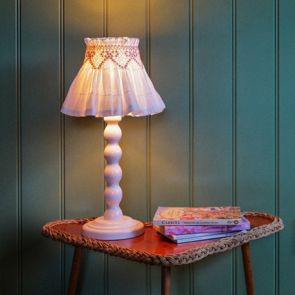 Edit58 x Smock London Elsie Lampshade Skirt White Grid with Dusty Pink Bows Hand Smocking