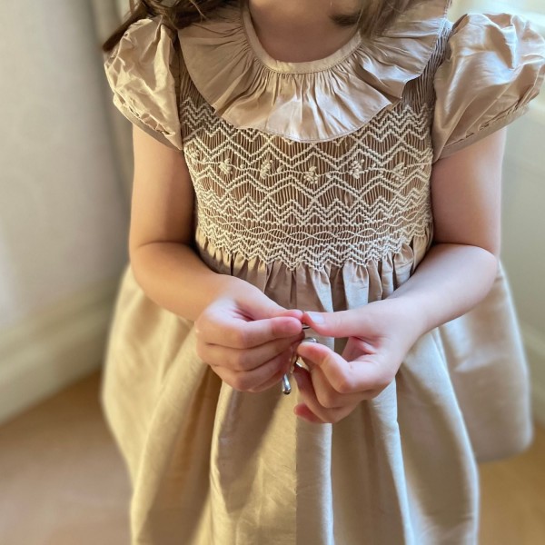 Diana Special Occasion Dress Champagne Silk with Gypsophila Hand Smocking