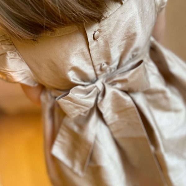 Diana Special Occasion Dress Champagne Silk with Gypsophila Hand Smocking