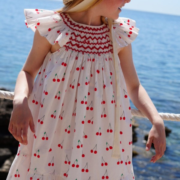 Indira Gandhi Flutter Dress Mon Cherry Cotton with a La Mode Hand Smocking