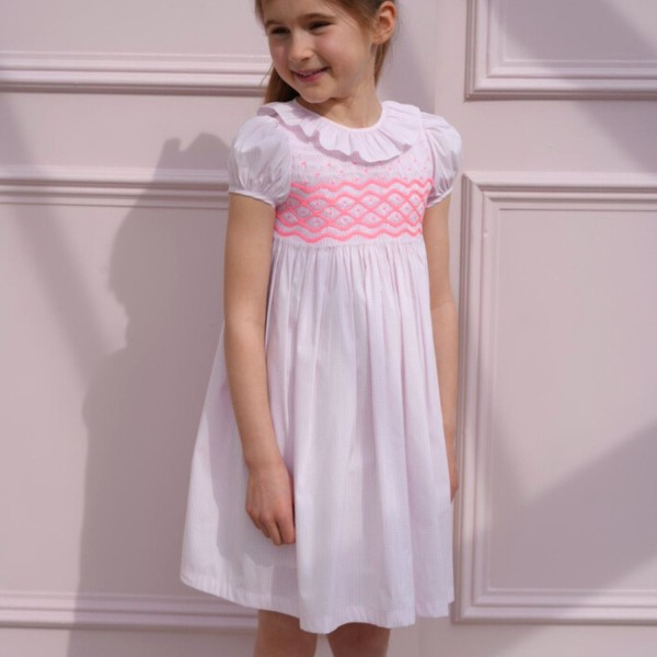 Katherine Johnson Dress Pink Grid Cotton with Strawberrylicious Hand Smocking Katherine Johnson Dress Pink Grid Cotton with Strawberrylicious Hand Smocking