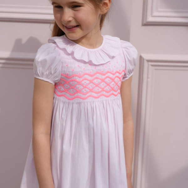 Katherine Johnson Dress Pink Grid Cotton with Strawberrylicious Hand Smocking Katherine Johnson Dress Pink Grid Cotton with Strawberrylicious Hand Smocking