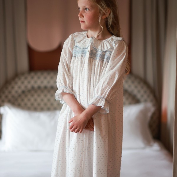 Nightingale Girl's Dress Forget Me Not Plumetti with Delphinium Hand Smocking Nightingale Girl's Dress Forget Me Not Plumetti with Delphinium Hand Smocking