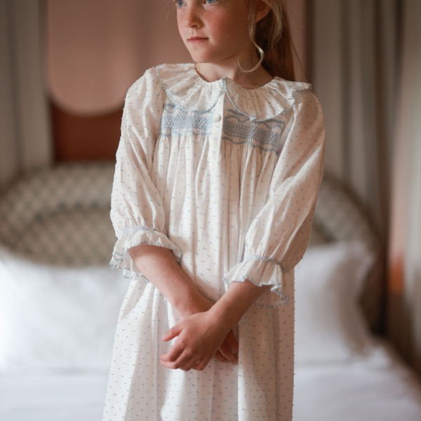 Nightingale Girl's Dress Forget Me Not Plumetti with Delphinium Hand Smocking Nightingale Girl's Dress Forget Me Not Plumetti with Delphinium Hand Smocking