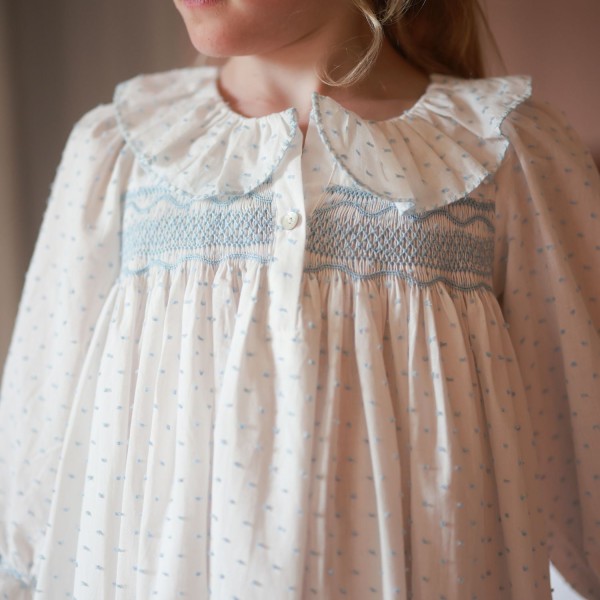 Nightingale Girl's Dress Forget Me Not Plumetti with Delphinium Hand Smocking Nightingale Girl's Dress Forget Me Not Plumetti with Delphinium Hand Smocking