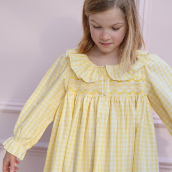 Nightingale Girl's Dress Primrose Gingham with Daffodil Hand Smocking