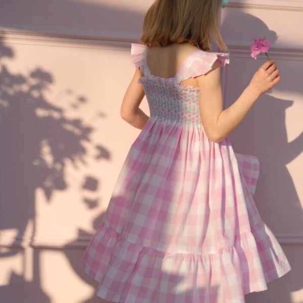 Rachel Carson Girls Dress Candy Floss Gingham with Spearmint Hand Smocking