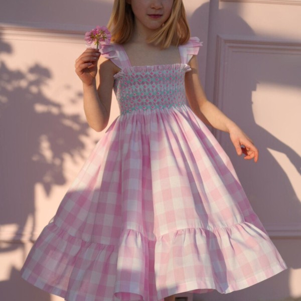 Rachel Carson Girls Dress Candy Floss Gingham with Spearmint Hand Smocking