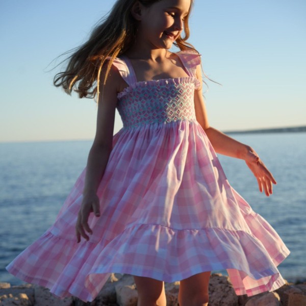 Rachel Carson Girls Dress Candy Floss Gingham with Spearmint Hand Smocking