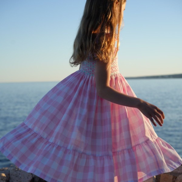 Rachel Carson Girls Dress Candy Floss Gingham with Spearmint Hand Smocking