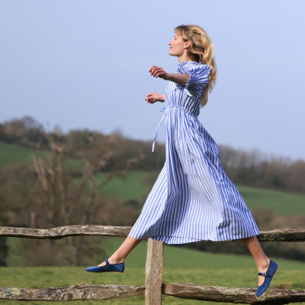 Aloha Wanderwell Dress Ocean Stripe with White Honeycomb Hand Smocking