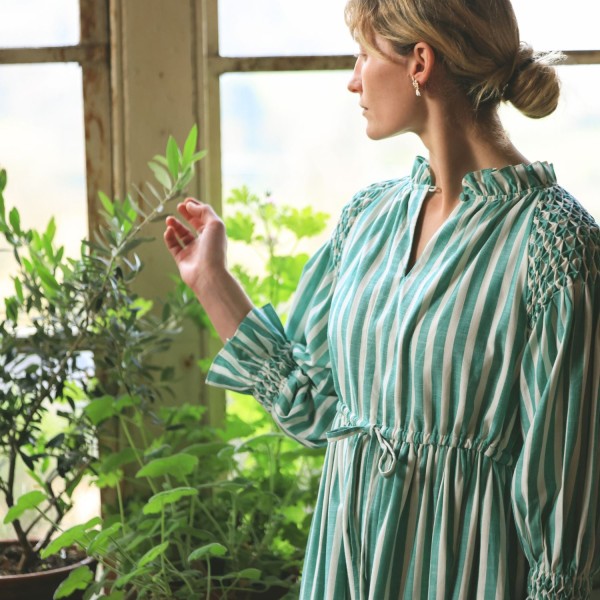 Aloha Wanderwell Dress Wimbledon Stripe with White Honeycomb Hand Smocking