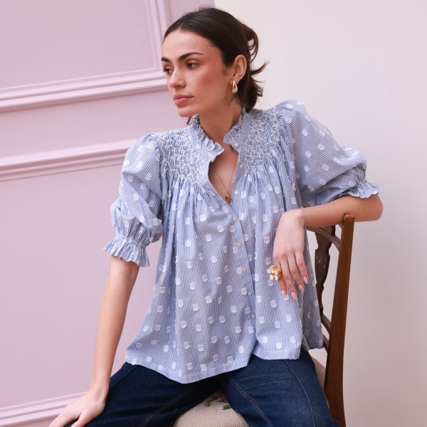 Scholl Blouse Bubble Weave Cotton with Double Cream Hand Smocking Edition 60
