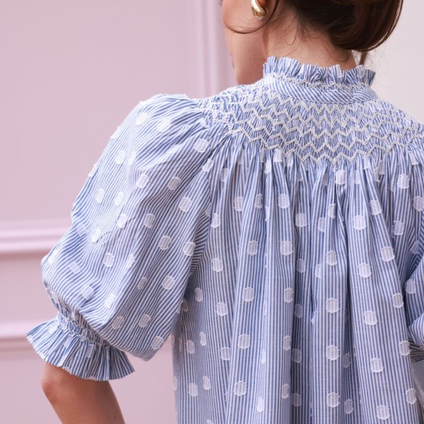 Scholl Blouse Bubble Weave Cotton with Double Cream Hand Smocking Edition 60