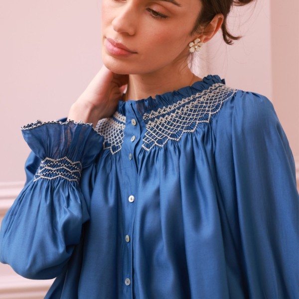 Cleopatra Blouse Cobalt Silk Cotton Sapphire with Vanilla Hand Smocking Edition 33