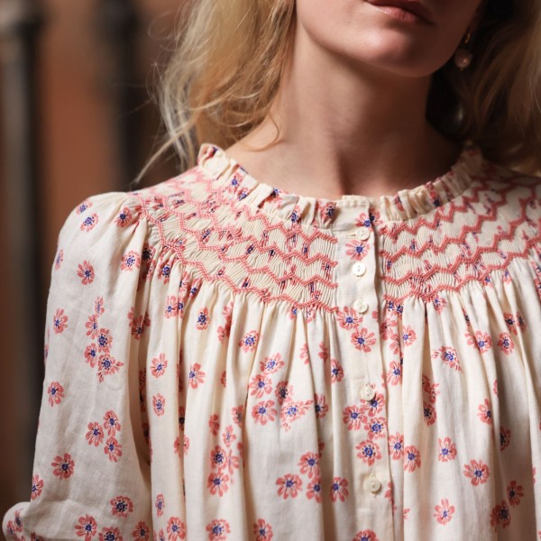Cleopatra Blouse Painted Petals with Blush Hand Smocking Edition 38