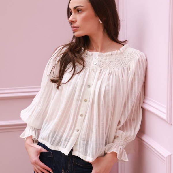 Cleopatra Blouse White Stripe Cotton Muslin with milk Hand Smocking Edition 37 Cleopatra Blouse White Stripe Cotton Muslin with milk Hand Smocking Edition 37