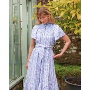 Colette Dress Passionflower Trellis with Delphinium Blue Hand Smocking