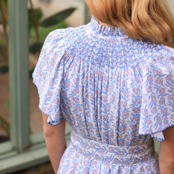 Colette Dress Passionflower Trellis with Delphinium Blue Hand Smocking