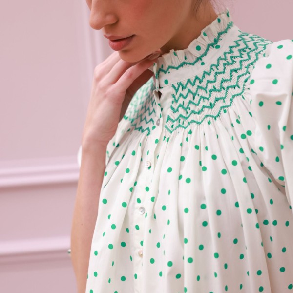 Scholl Blouse Frog Polka cotton with Jade Hand Smocking Edition 59