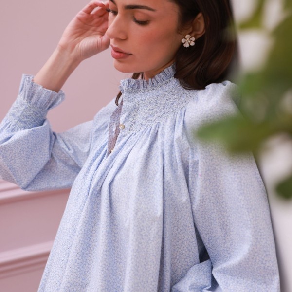 Scholl Blouse Periwinkle Ditsy with Blue Mist Hand Smocking Edition 63