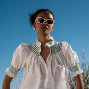 Scholl Women's Summer Blouse White with Green Apple Hand Smocking