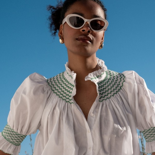 Scholl Women's Summer Blouse White with Green Apple Hand Smocking