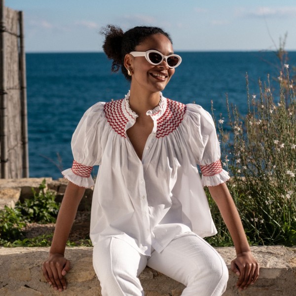 Scholl Women's Summer Blouse White with Pillar Box Red Hand Smocking