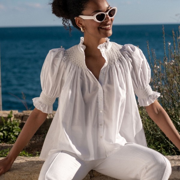 Scholl Women's Summer Blouse White with Ivory Hand Smocking Edition 9